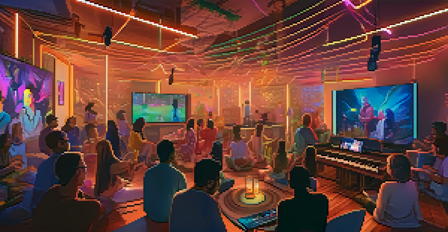 A virtual listening party with fans enjoying music from a digital musician, set in a cozy, colorful environment.