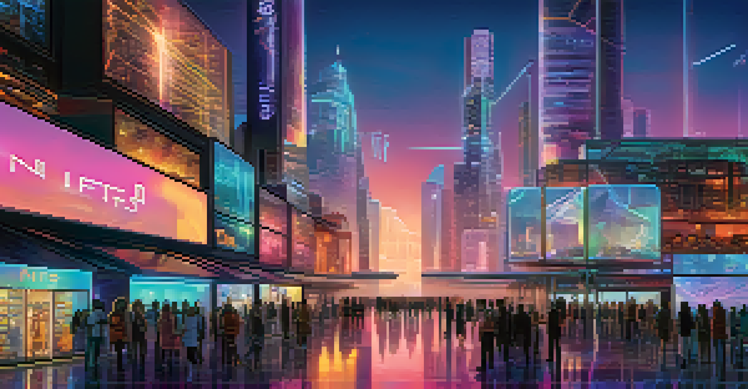 A futuristic digital marketplace with holographic NFTs and a city skyline at dusk.