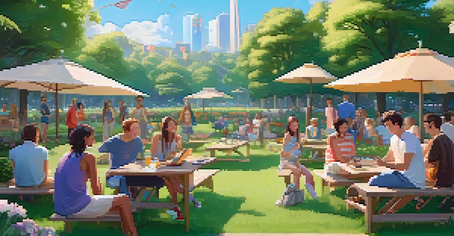 A group of friends in a park sharing their unique NFTs on smartphones, surrounded by greenery and flowers.