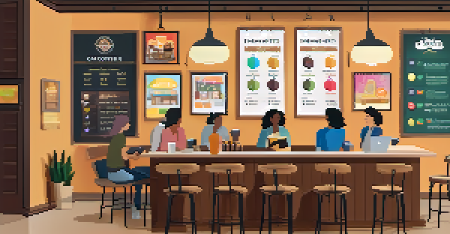 A cozy coffee shop with a gamification loyalty program displayed on the wall, featuring colorful NFT rewards, warm wood decor, and happy customers.