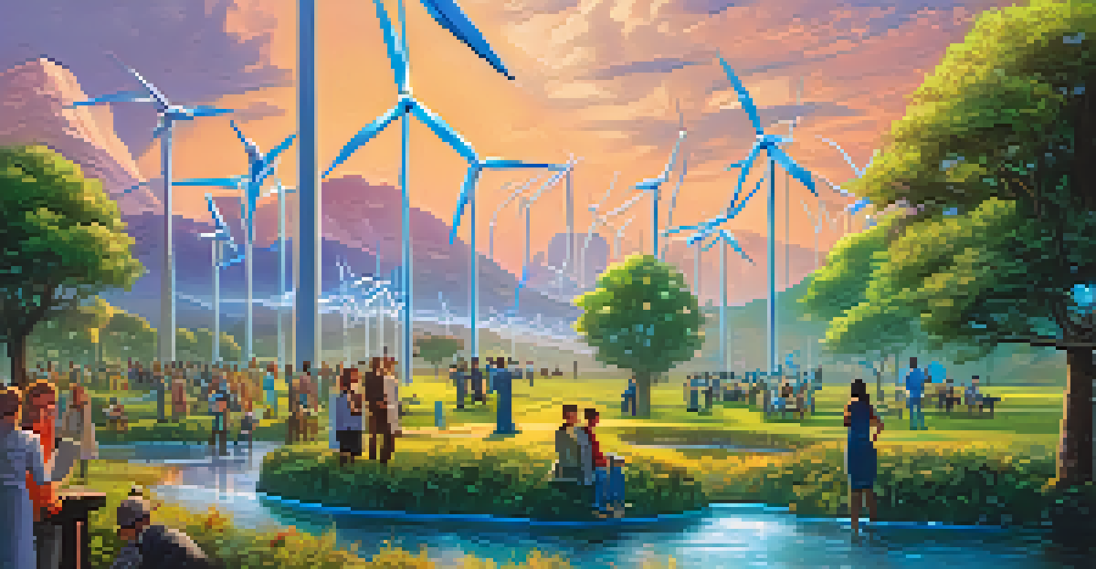 A lively virtual NFT auction scene with diverse avatars and digital art displays, set against a backdrop of trees and wind turbines.