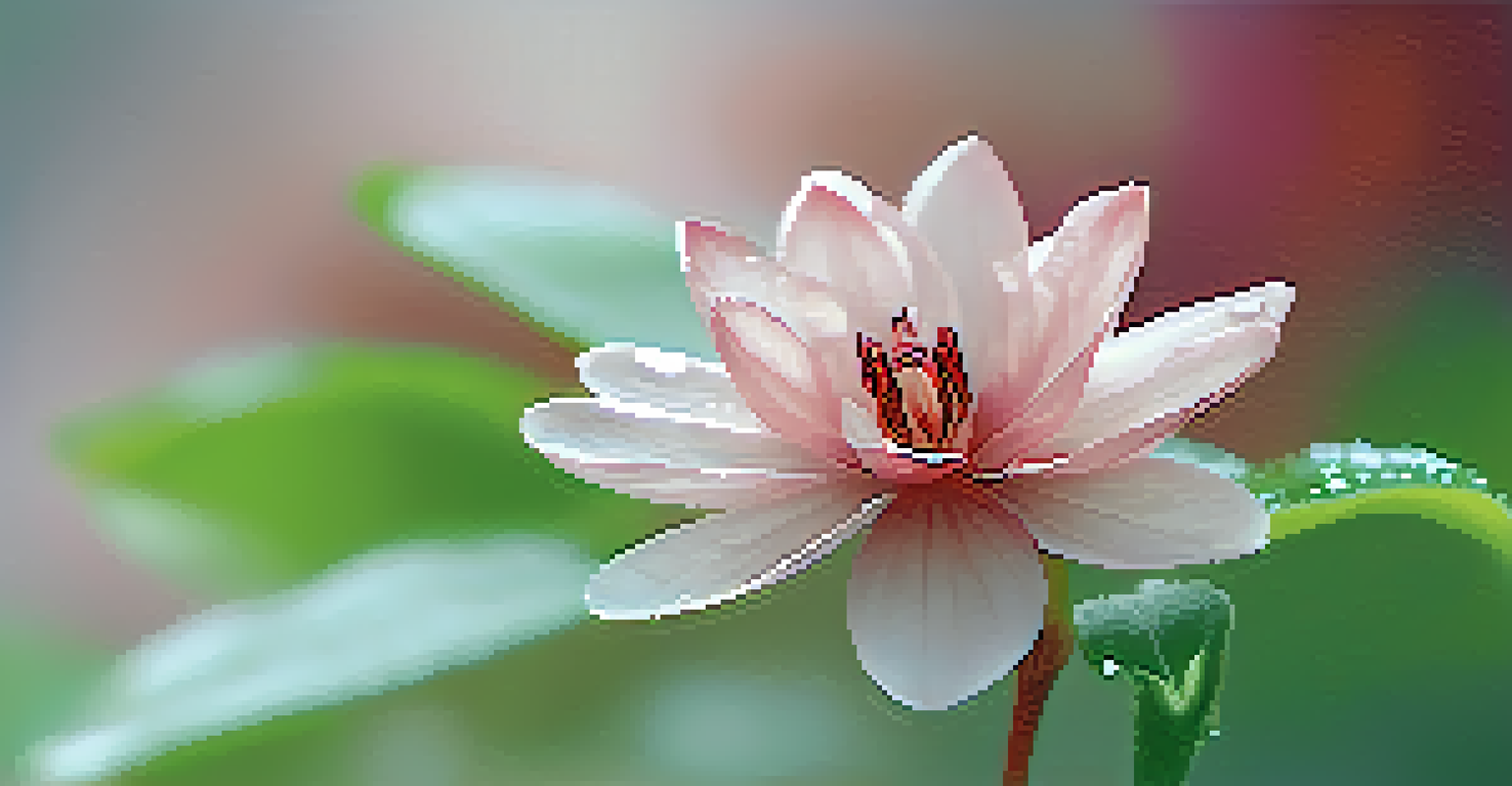 A close-up view of a blooming flower with red and pink petals, adorned with dew drops against a blurred green background.