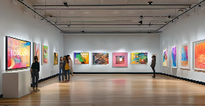 A digital art gallery displaying various colorful NFTs with people interacting with the art.