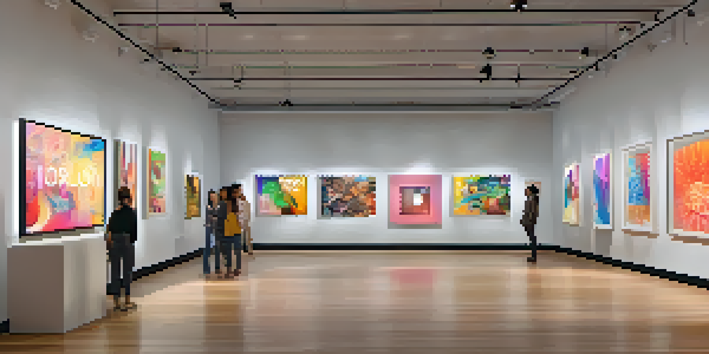 A digital art gallery displaying various colorful NFTs with people interacting with the art.