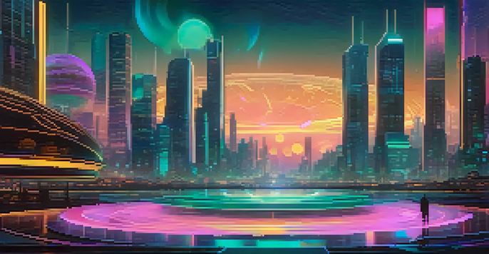 A serene digital landscape with swirling colors representing NFTs and a futuristic city skyline at dusk.