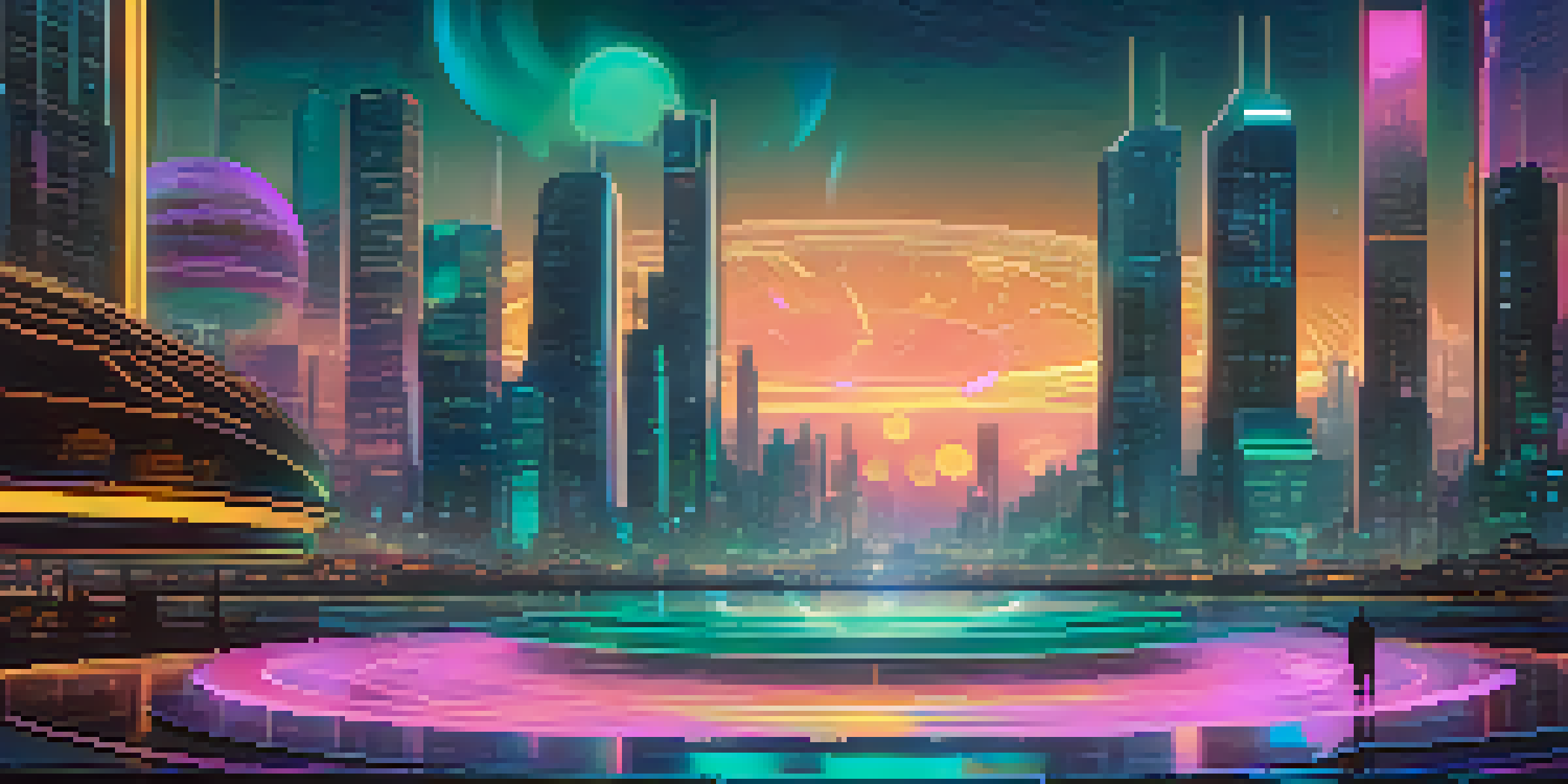 A serene digital landscape with swirling colors representing NFTs and a futuristic city skyline at dusk.