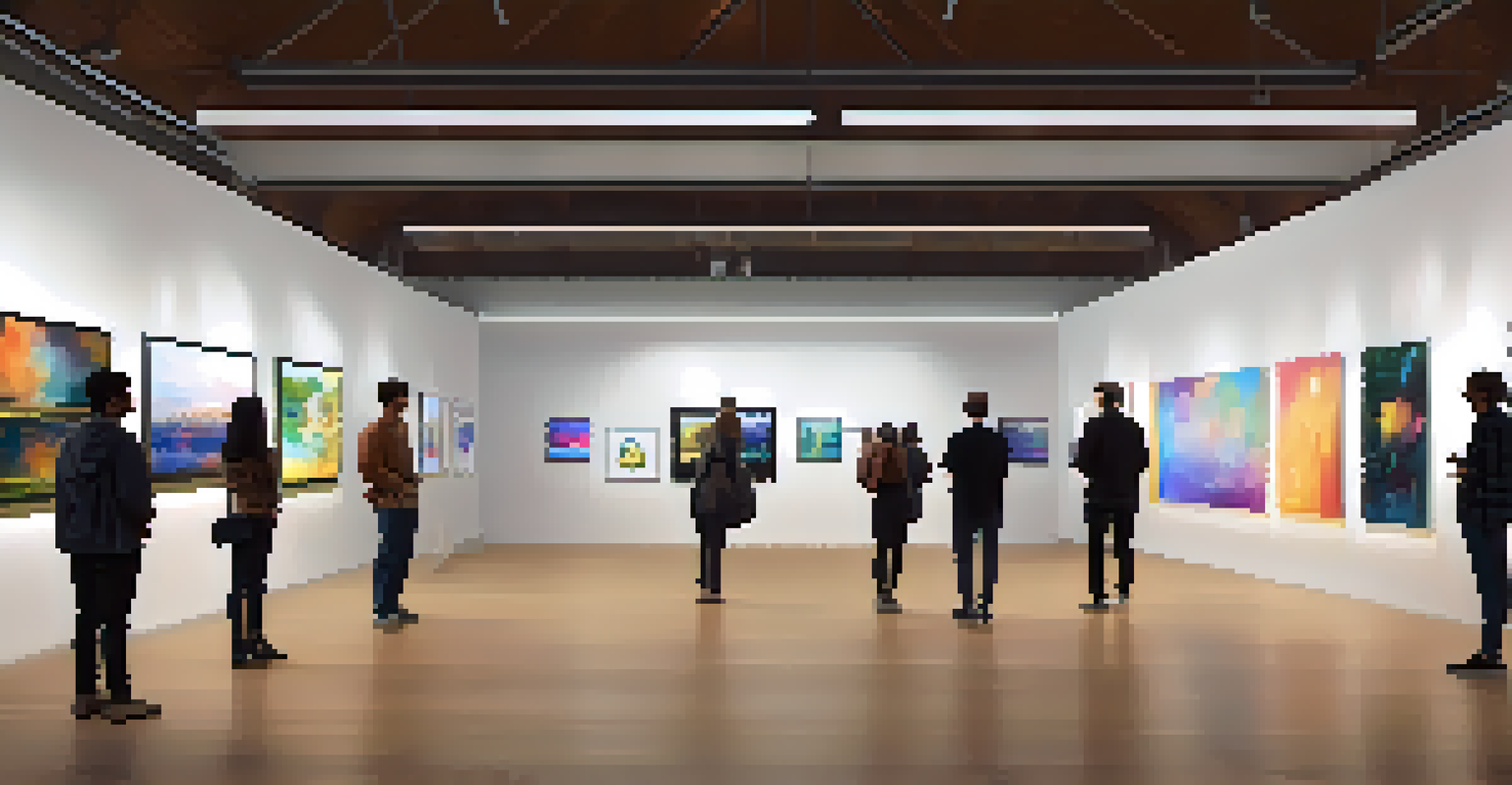 A modern NFT gallery showcasing digital artworks with attendees discussing and admiring the pieces.