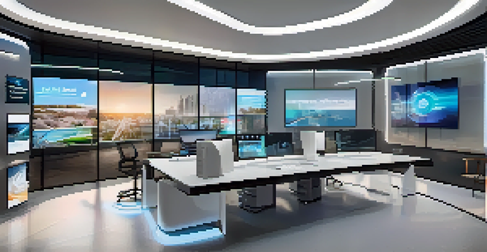 A modern real estate office showcasing digital screens with NFT properties for sale, featuring sleek furniture and bright ambient lighting.