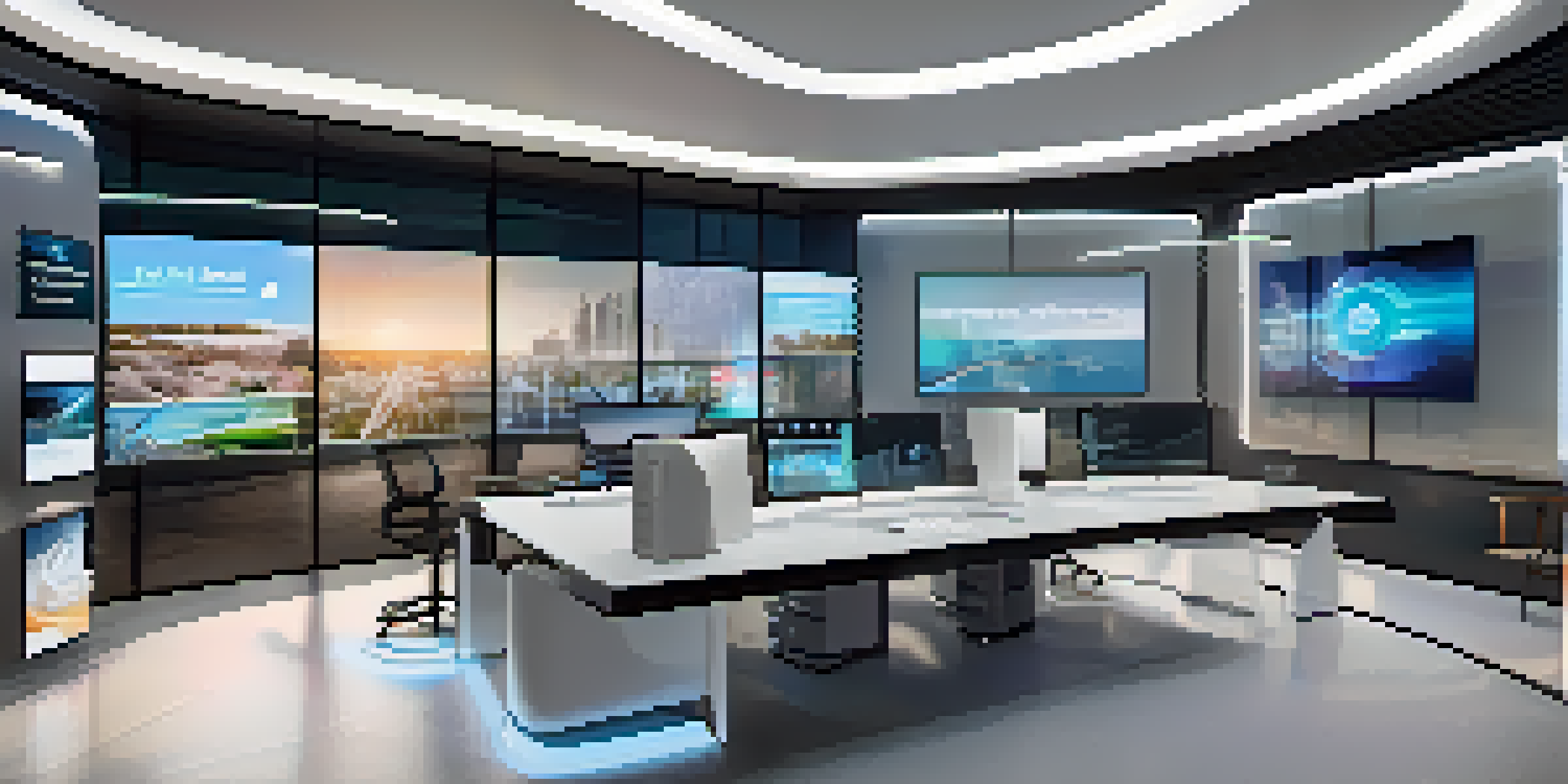 A modern real estate office showcasing digital screens with NFT properties for sale, featuring sleek furniture and bright ambient lighting.