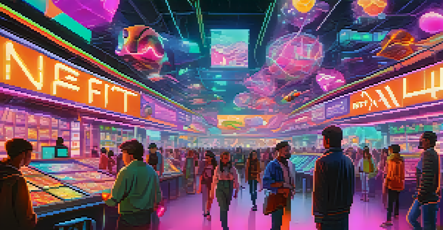 A futuristic digital marketplace with avatars trading NFTs, surrounded by colorful holographic displays and an energetic atmosphere.