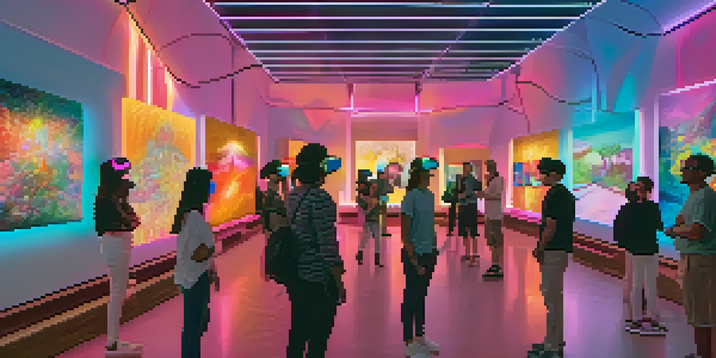 A virtual reality art gallery with diverse visitors wearing VR headsets and interacting with colorful digital artworks.