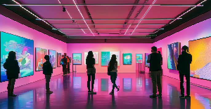 A digital art gallery with various colorful NFTs, illuminated by soft lighting.