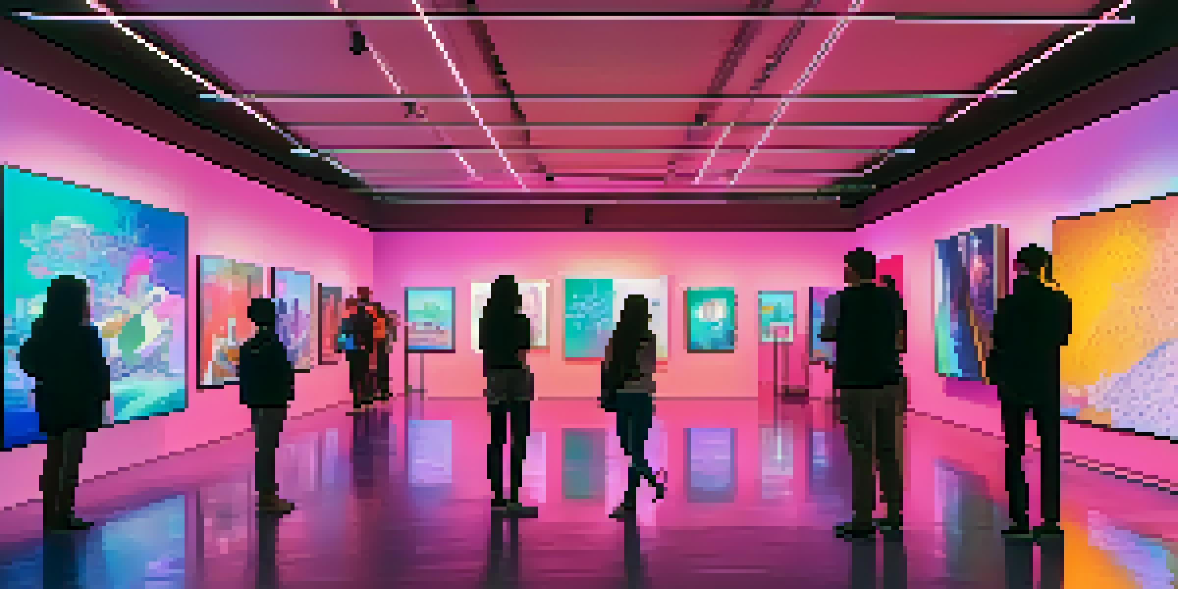 A digital art gallery with various colorful NFTs, illuminated by soft lighting.