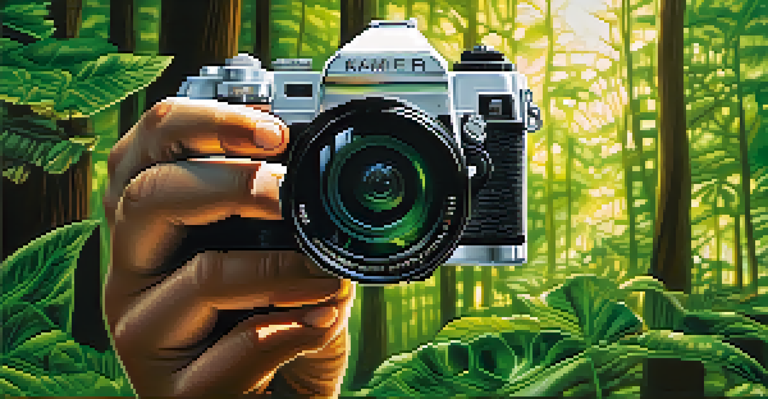 A close-up of a photographer's hands holding a detailed camera, with a blurred green forest in the background.