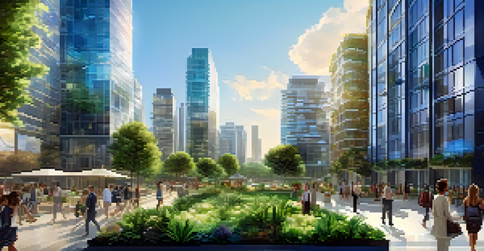 An urban skyline with luxury apartments and green spaces, where people are discussing real estate investments, surrounded by digital screens.