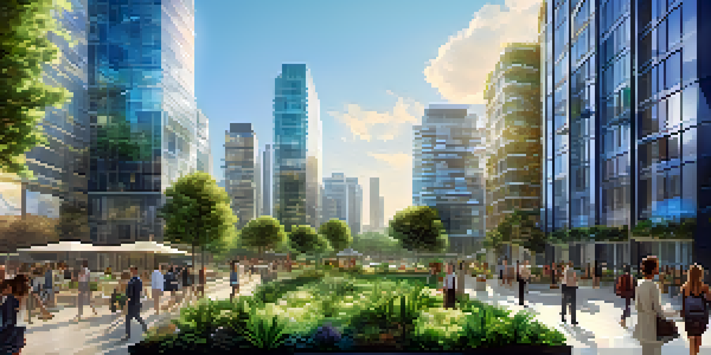 An urban skyline with luxury apartments and green spaces, where people are discussing real estate investments, surrounded by digital screens.