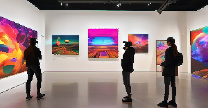 A digital art gallery featuring colorful NFTs and viewers using virtual reality headsets.