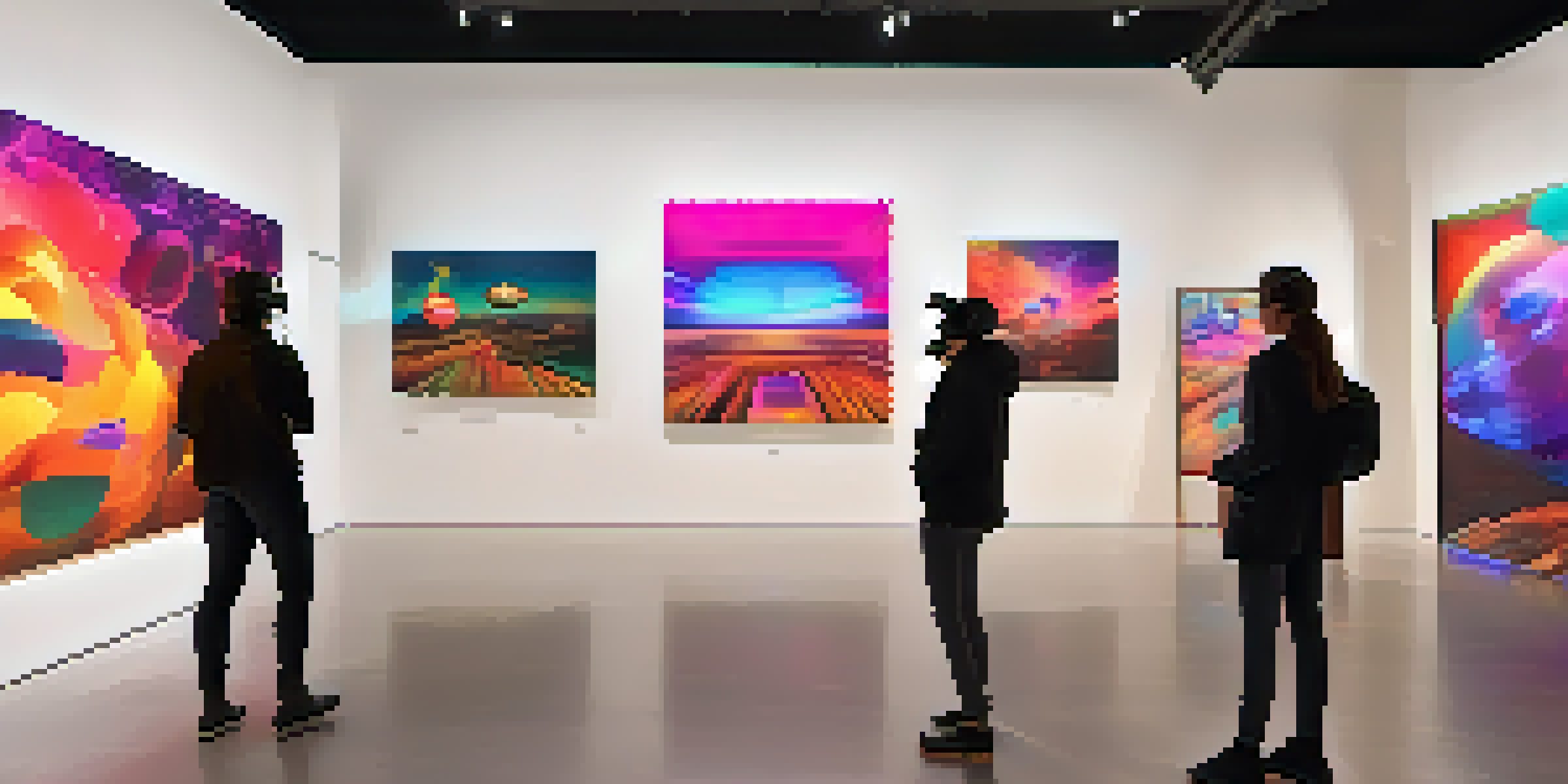 A digital art gallery featuring colorful NFTs and viewers using virtual reality headsets.