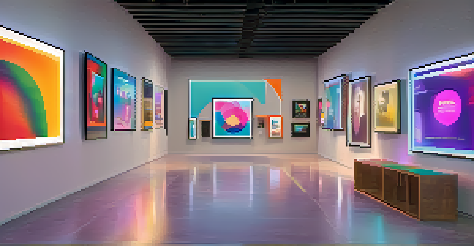 A digital art gallery filled with colorful NFT artworks, illuminated with soft lighting and symbols of intellectual property rights.