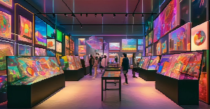 A digital art marketplace with various NFTs displayed on virtual panels, illuminated by warm lighting and colorful artworks.