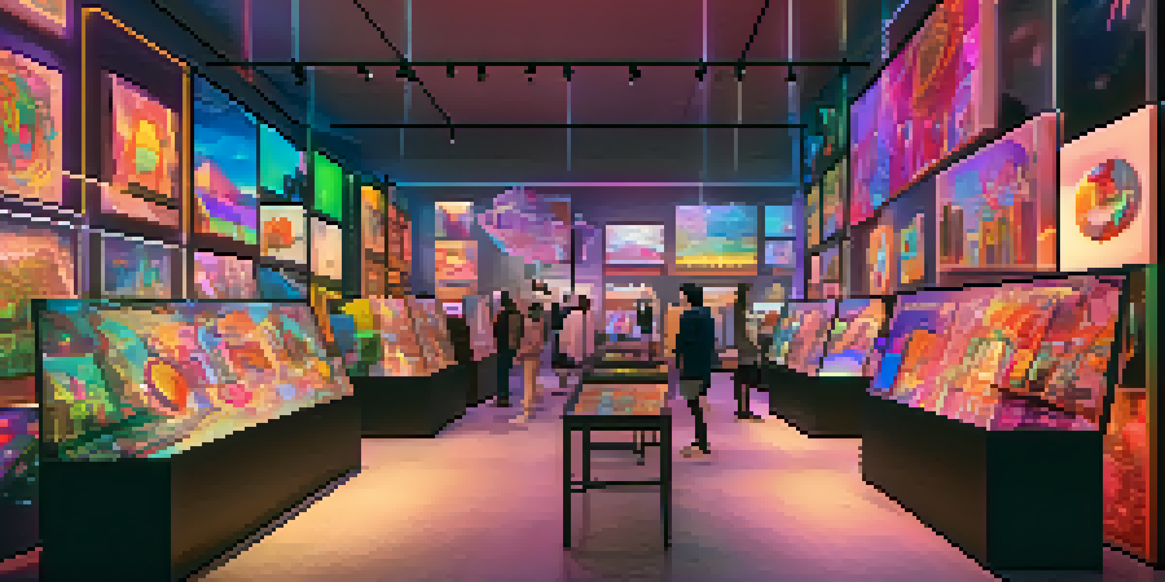 A digital art marketplace with various NFTs displayed on virtual panels, illuminated by warm lighting and colorful artworks.