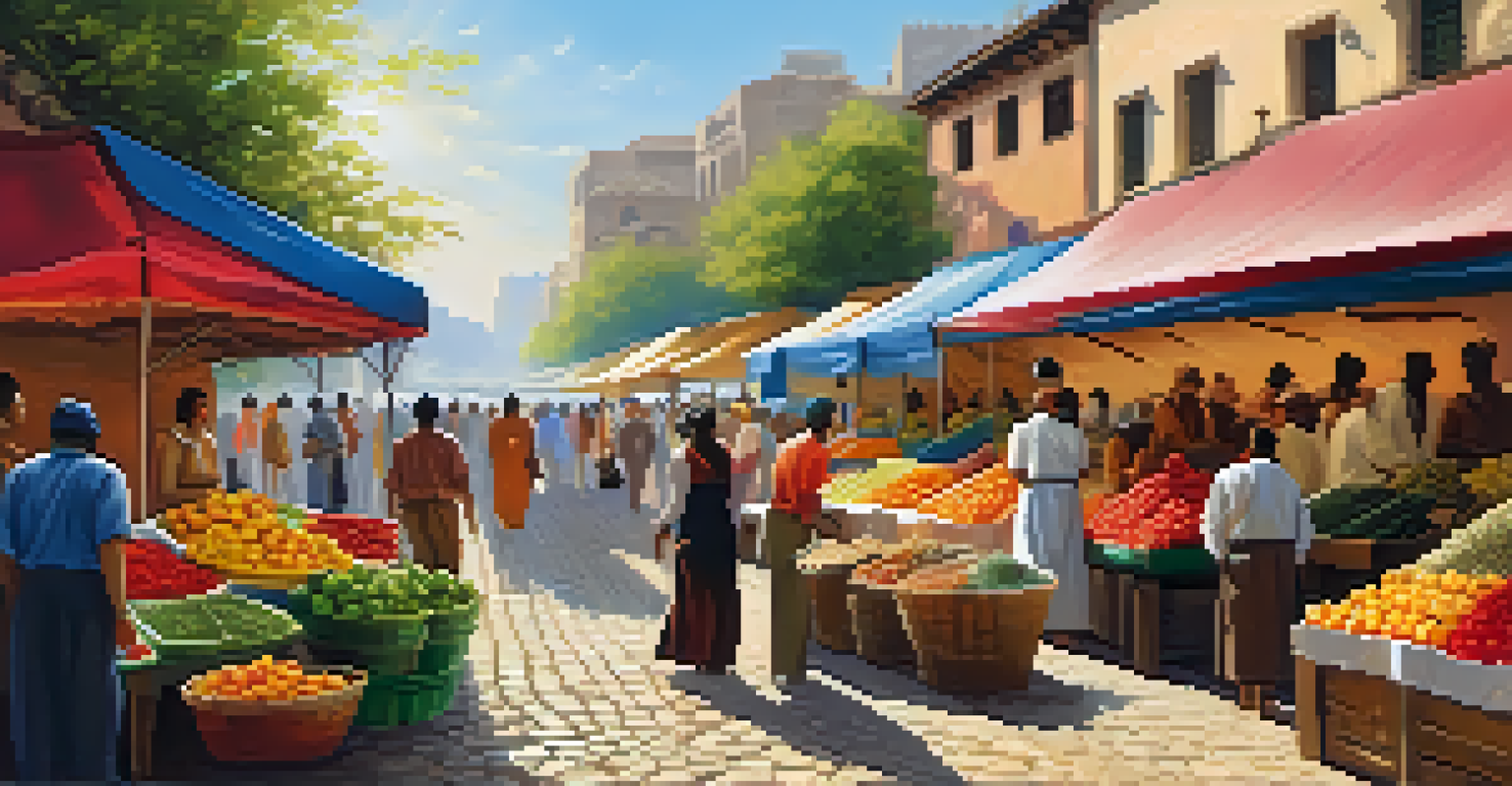 A lively street market filled with colorful stalls and diverse people interacting, with sunlight filtering through canopies.