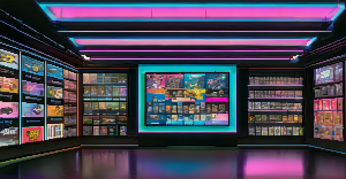 A digital marketplace filled with various sports NFTs, featuring trading cards and highlight reels, illuminated in neon colors with fans interacting with screens.