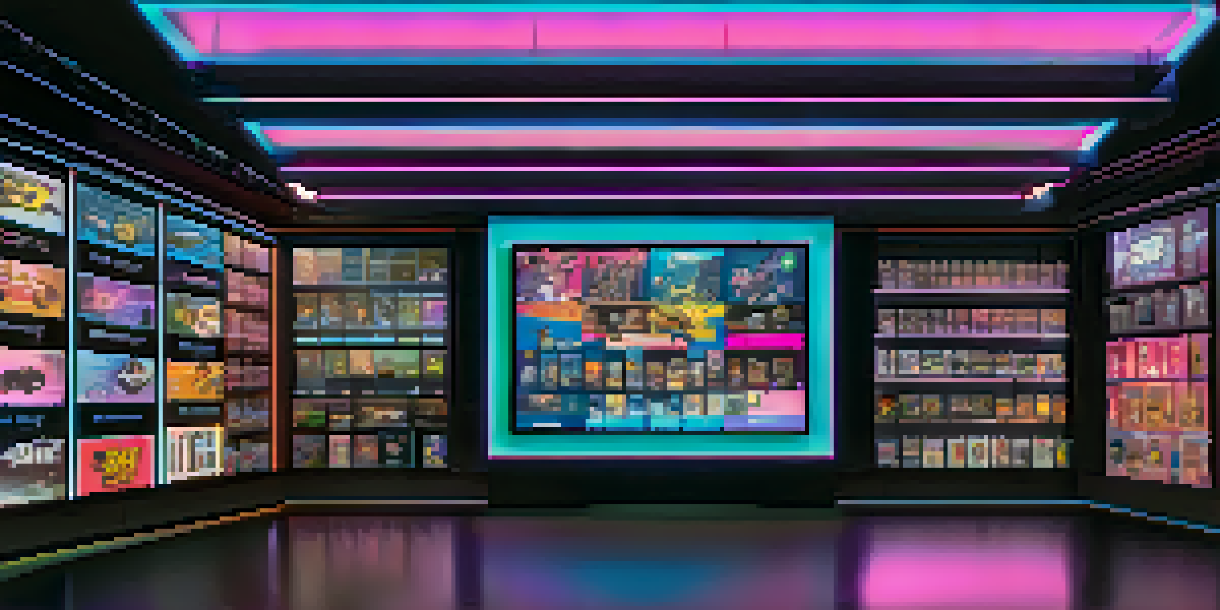 A digital marketplace filled with various sports NFTs, featuring trading cards and highlight reels, illuminated in neon colors with fans interacting with screens.