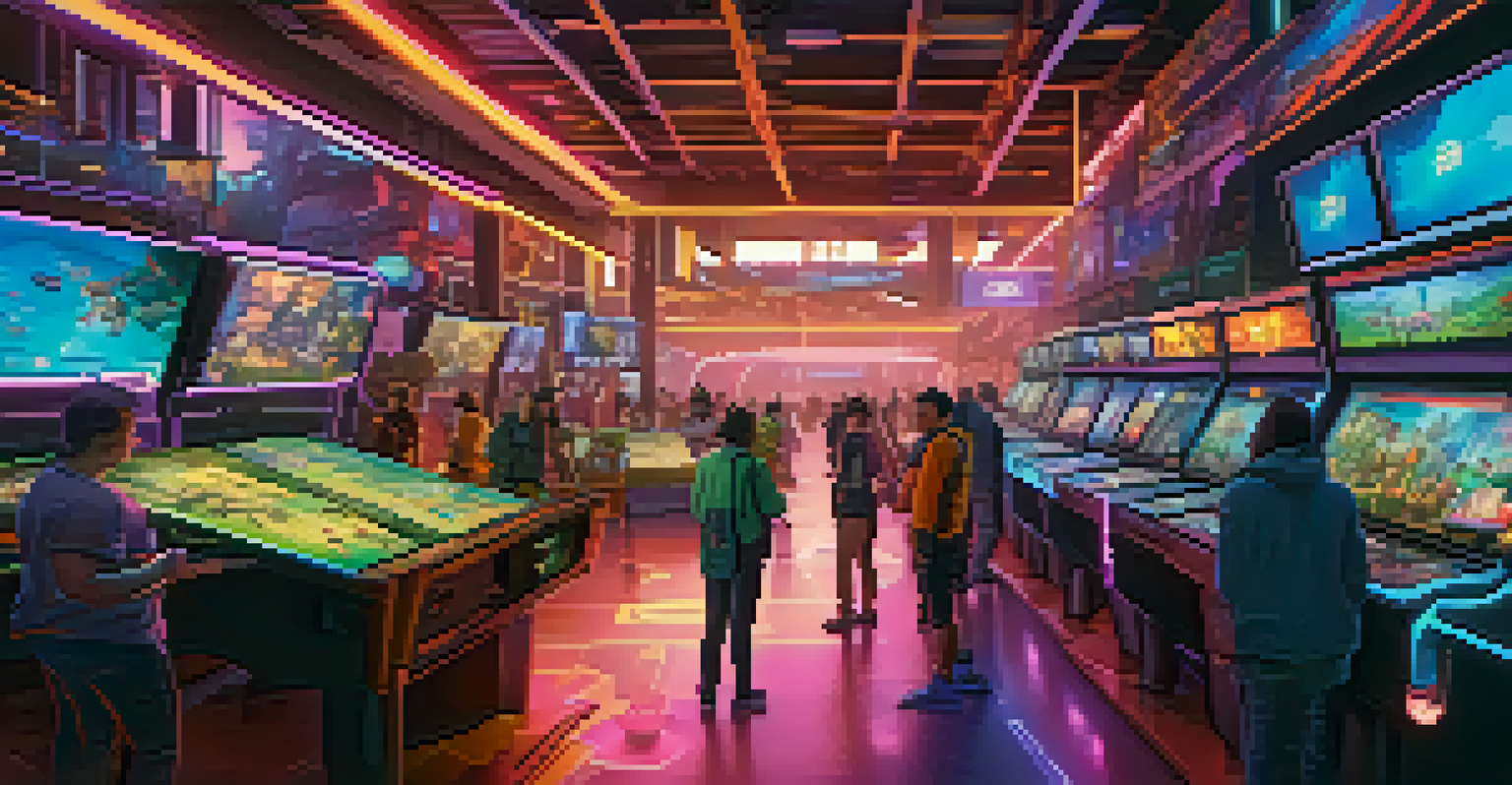 A dynamic gaming world where players are interacting with NFTs, trading and exploring unique in-game assets in a colorful and futuristic environment.