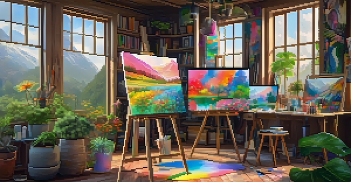 A digital art studio with an artist painting a colorful landscape, surrounded by canvases and art supplies.