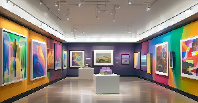 A digital art gallery filled with colorful NFT artworks, with visitors discussing the pieces under soft lighting.