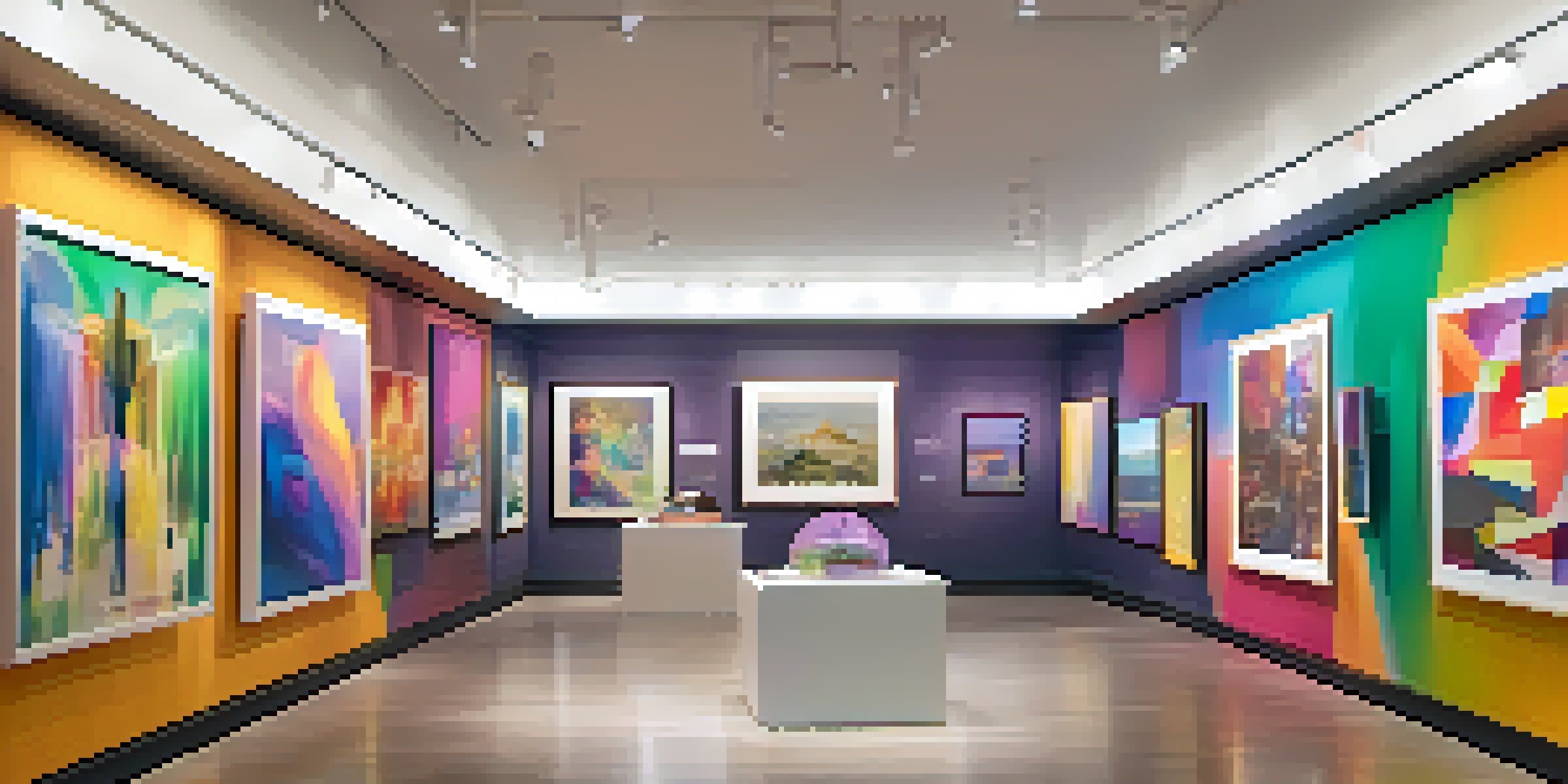 A digital art gallery filled with colorful NFT artworks, with visitors discussing the pieces under soft lighting.