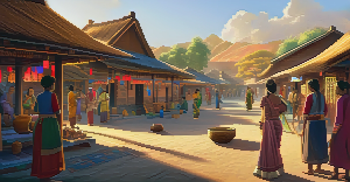 A cultural heritage village with traditional houses and people engaged in crafts during sunset.