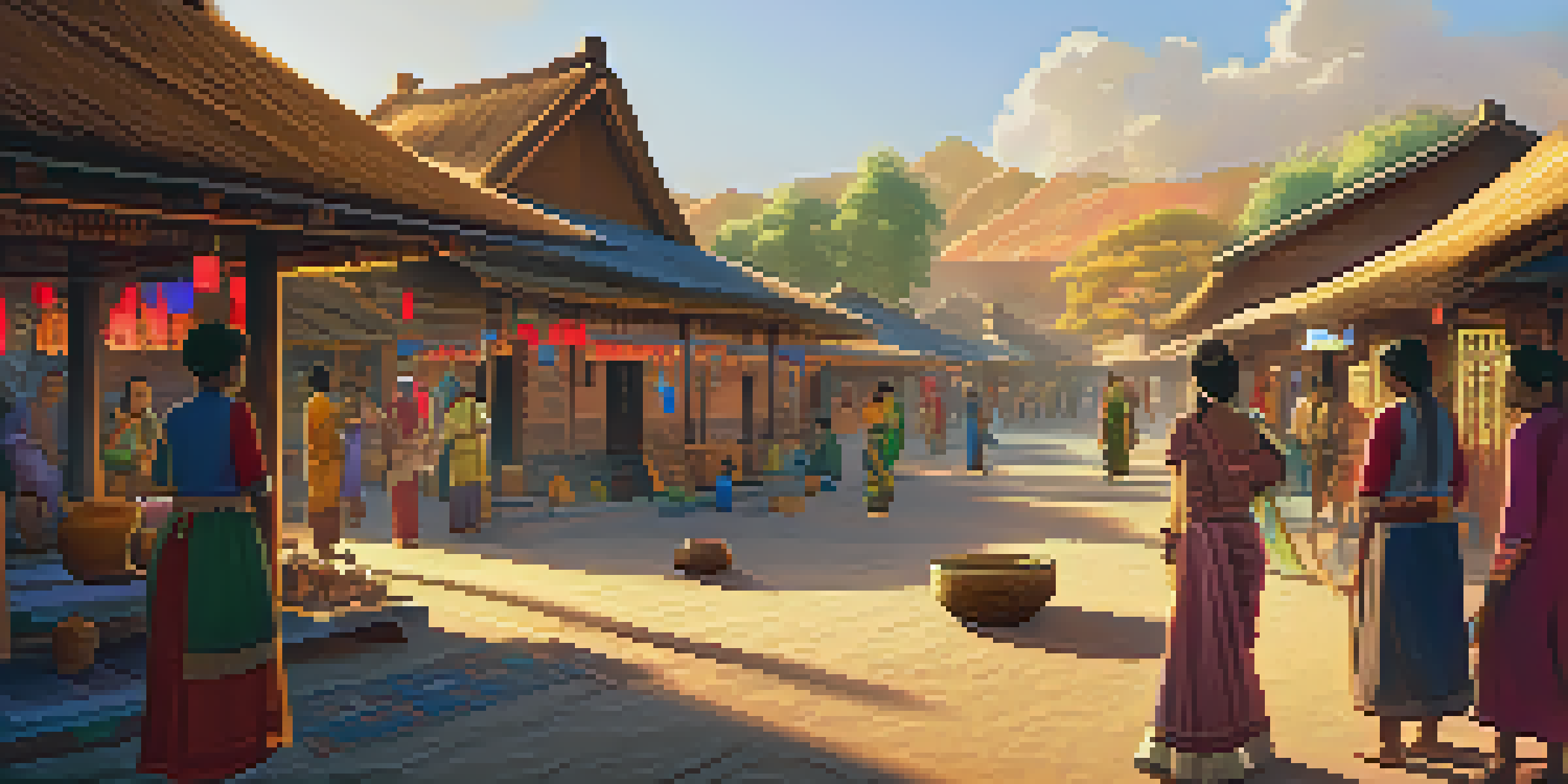 A cultural heritage village with traditional houses and people engaged in crafts during sunset.