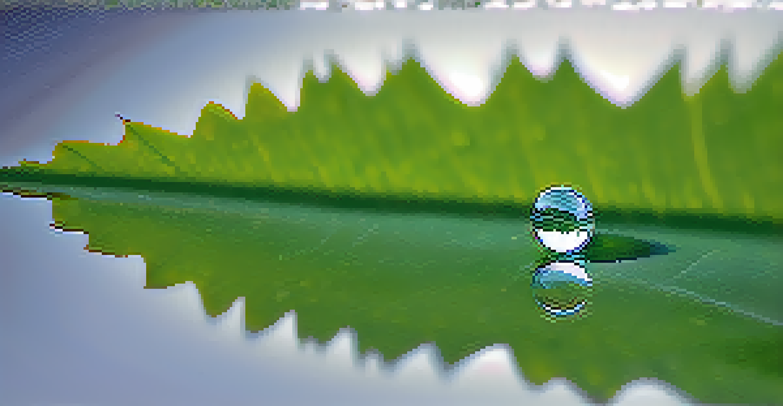 A close-up view of a water droplet on a green leaf, capturing reflections and the leaf's texture.
