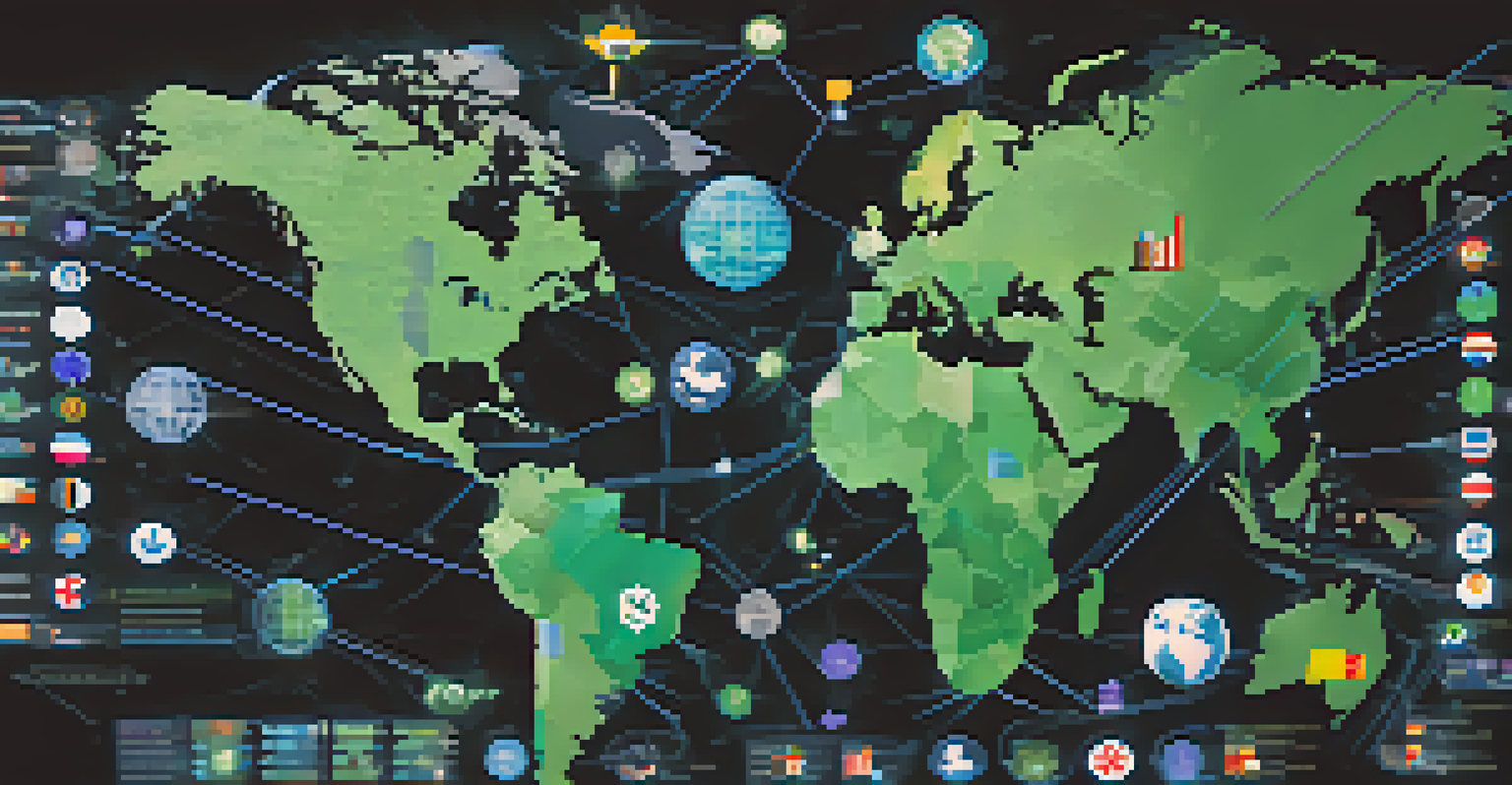A world map with digital icons representing NFTs, surrounded by symbols of different countries' flags, illustrating global regulation.