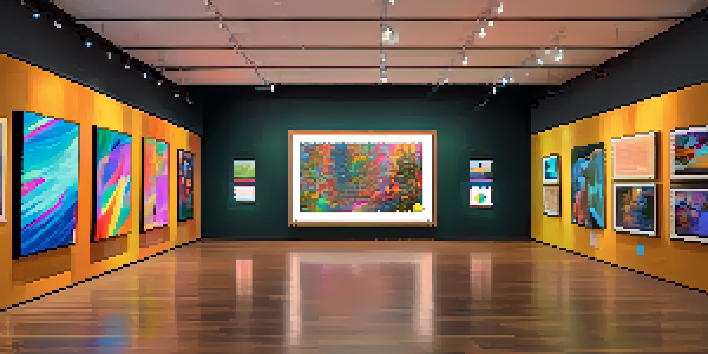 A digital art gallery filled with colorful abstract NFTs, with visitors interacting with screens in a warm and inviting atmosphere.