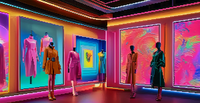 A digital artwork depicting a mannequin wearing a stylish digital outfit in a futuristic virtual environment with colorful neon lights and abstract patterns.