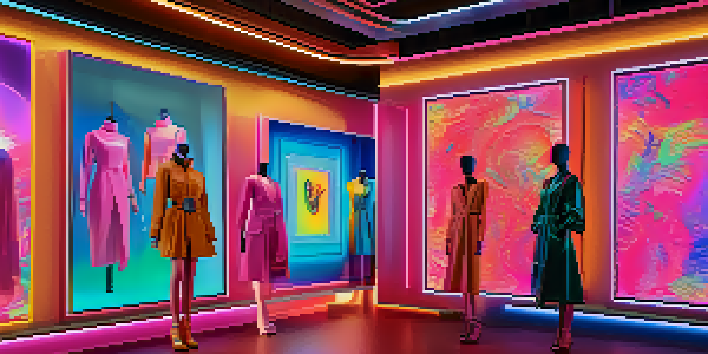 A digital artwork depicting a mannequin wearing a stylish digital outfit in a futuristic virtual environment with colorful neon lights and abstract patterns.