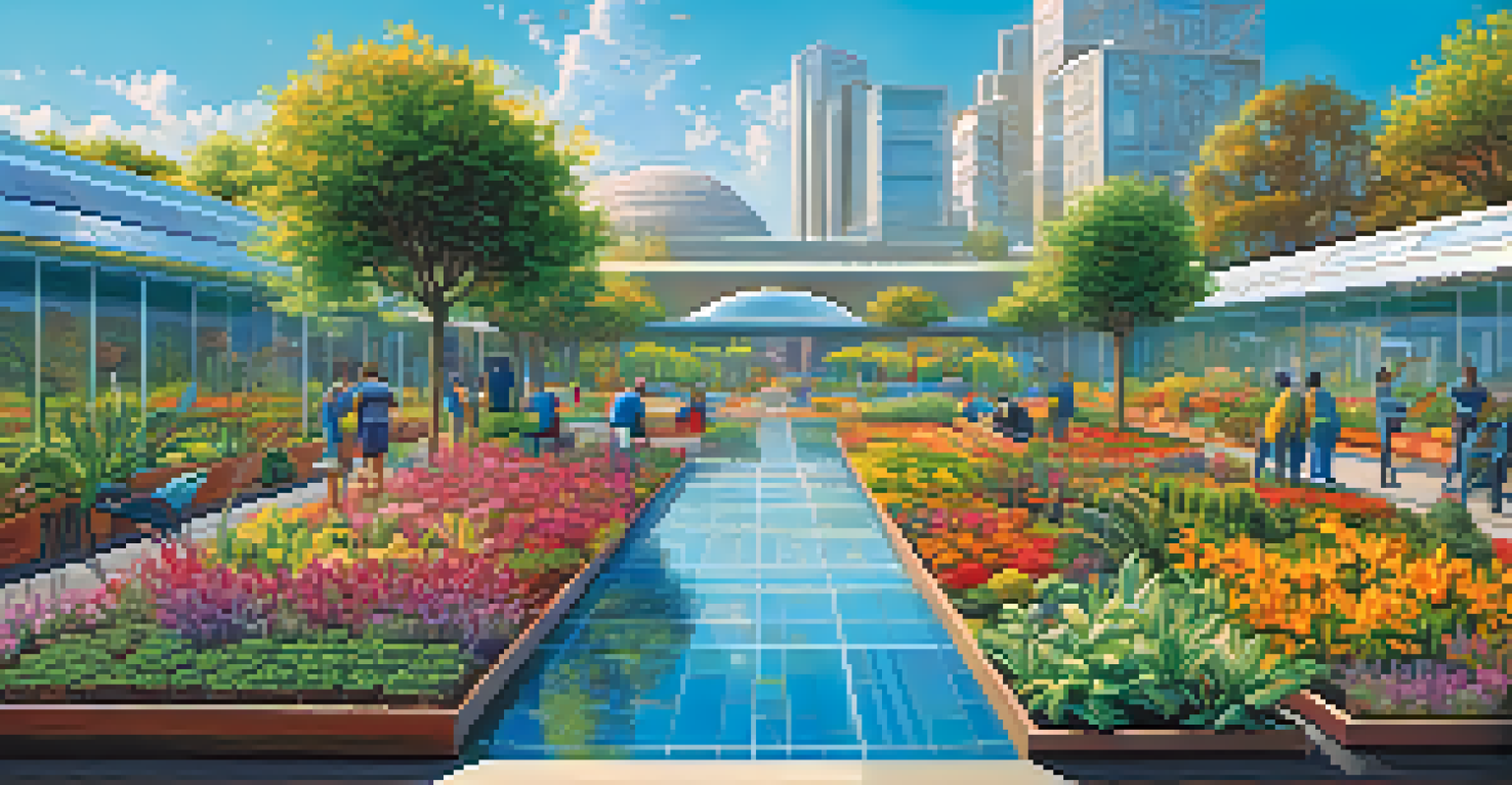 A futuristic garden illustrating decentralization, with members caring for unique plants that represent different NFT projects.