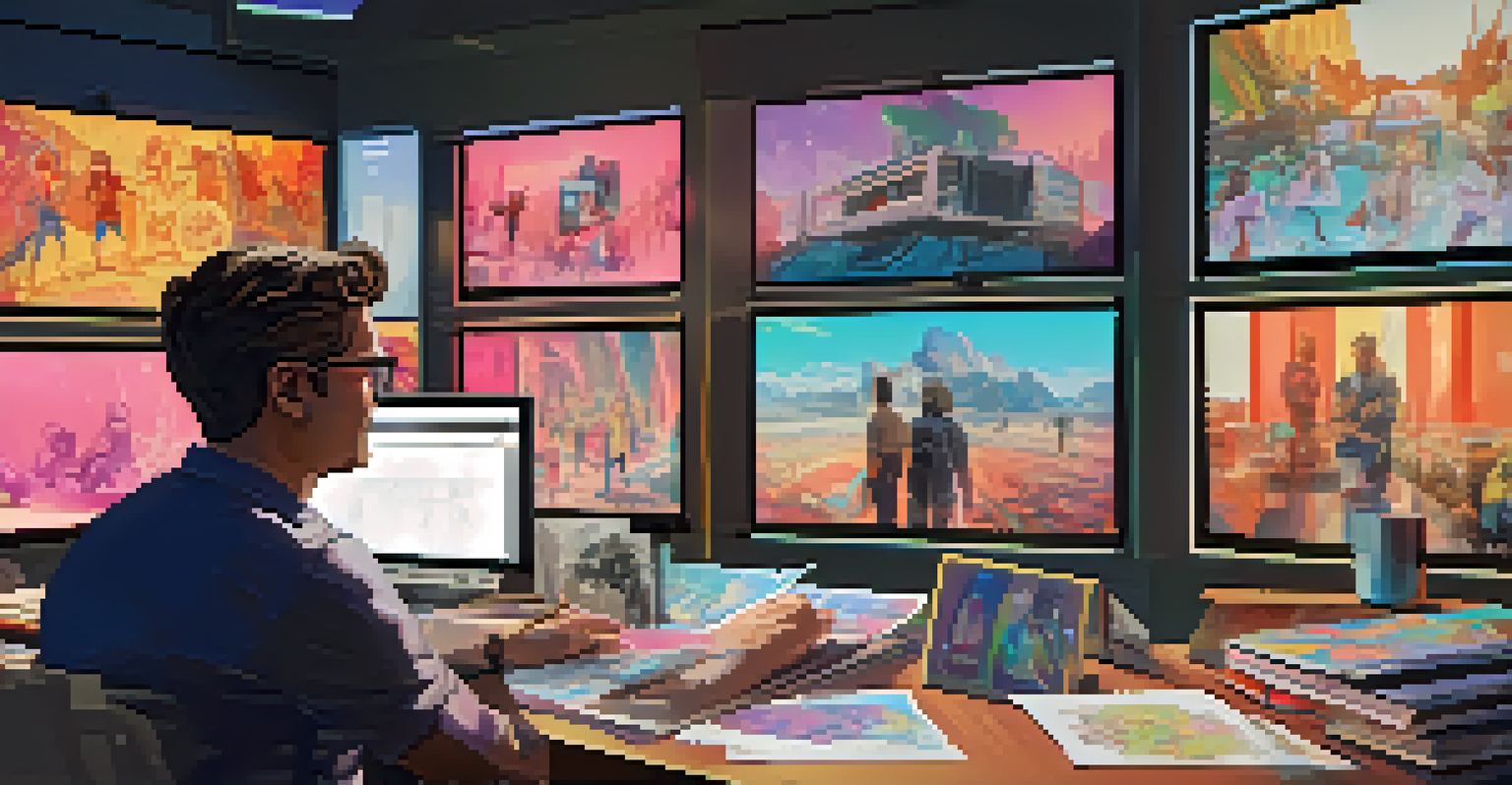 A filmmaker in a bright studio surrounded by sketches and digital screens displaying NFTs.