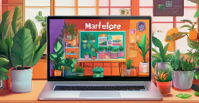 A digital illustration of an NFT marketplace interface on a laptop screen, showcasing user-friendly navigation and vibrant colors in a cozy workspace.
