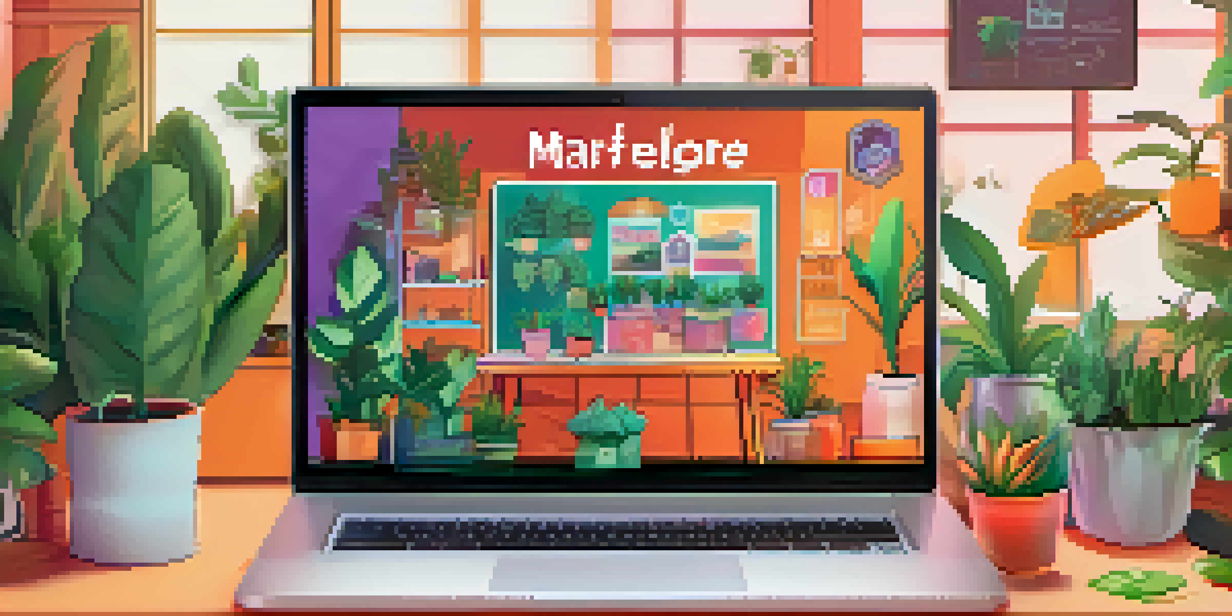 A digital illustration of an NFT marketplace interface on a laptop screen, showcasing user-friendly navigation and vibrant colors in a cozy workspace.