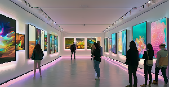 A digital art gallery displaying various unique NFTs on screens, with colorful designs and ambient lighting.