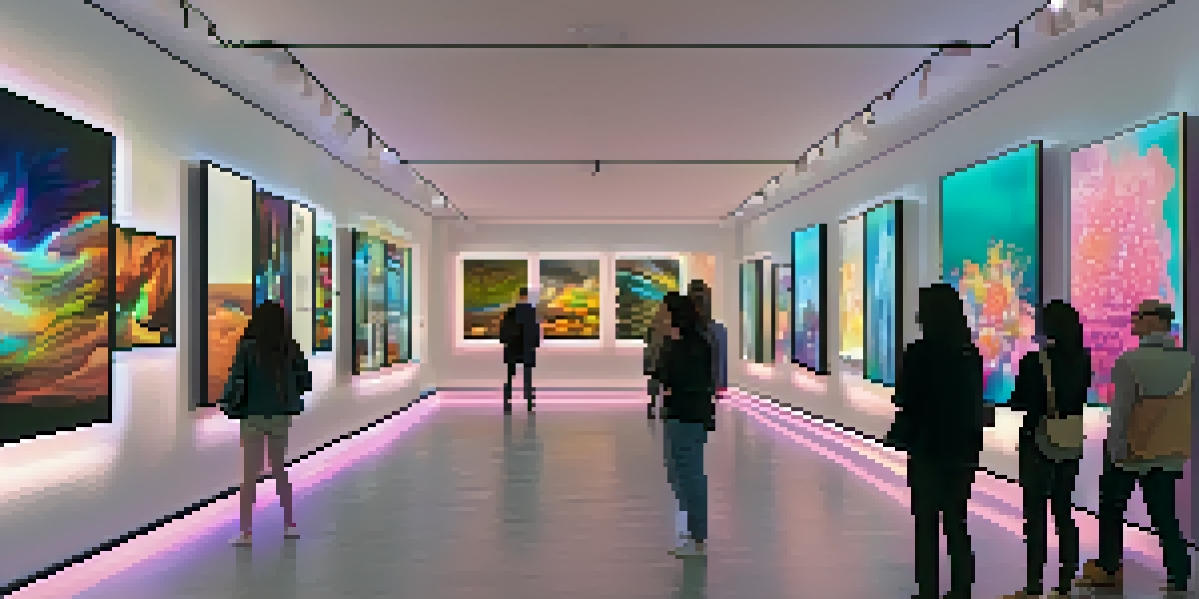 A digital art gallery displaying various unique NFTs on screens, with colorful designs and ambient lighting.