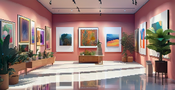 Digital art gallery filled with colorful NFT artworks, warm lighting, and visitors admiring the pieces.