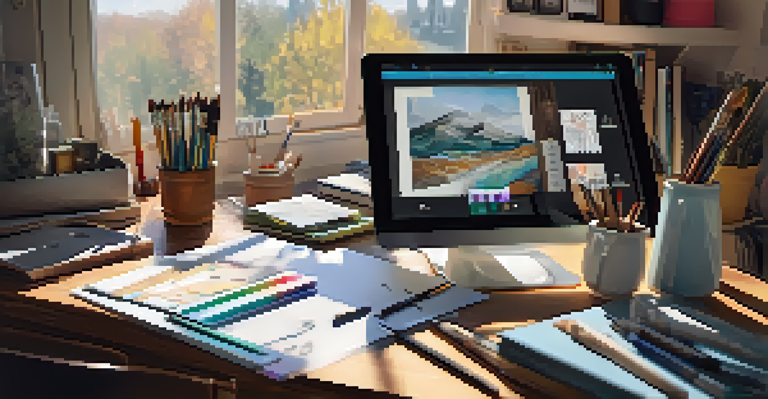 A close-up of an artist's workspace with a digital tablet showing NFT creation, surrounded by art supplies and sketches in warm natural light.
