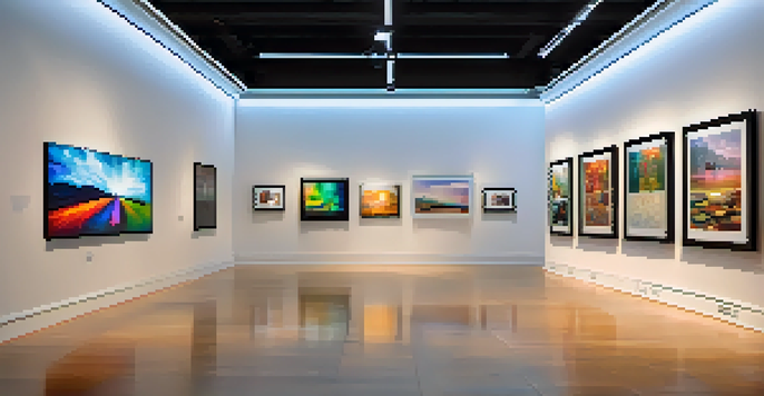A digital art gallery with various NFTs displayed on the walls, ambient lighting, and visitors admiring the artwork.