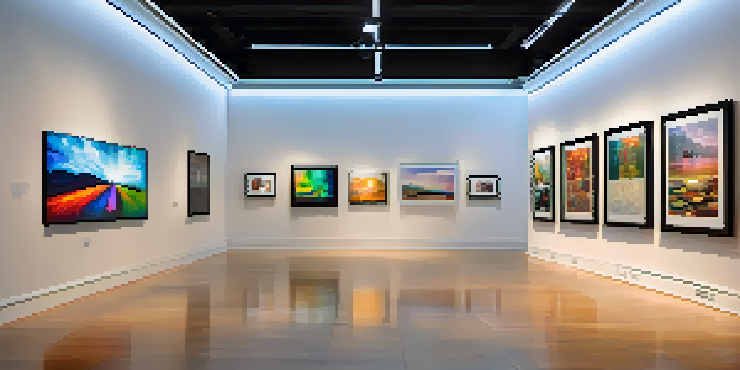 A digital art gallery with various NFTs displayed on the walls, ambient lighting, and visitors admiring the artwork.
