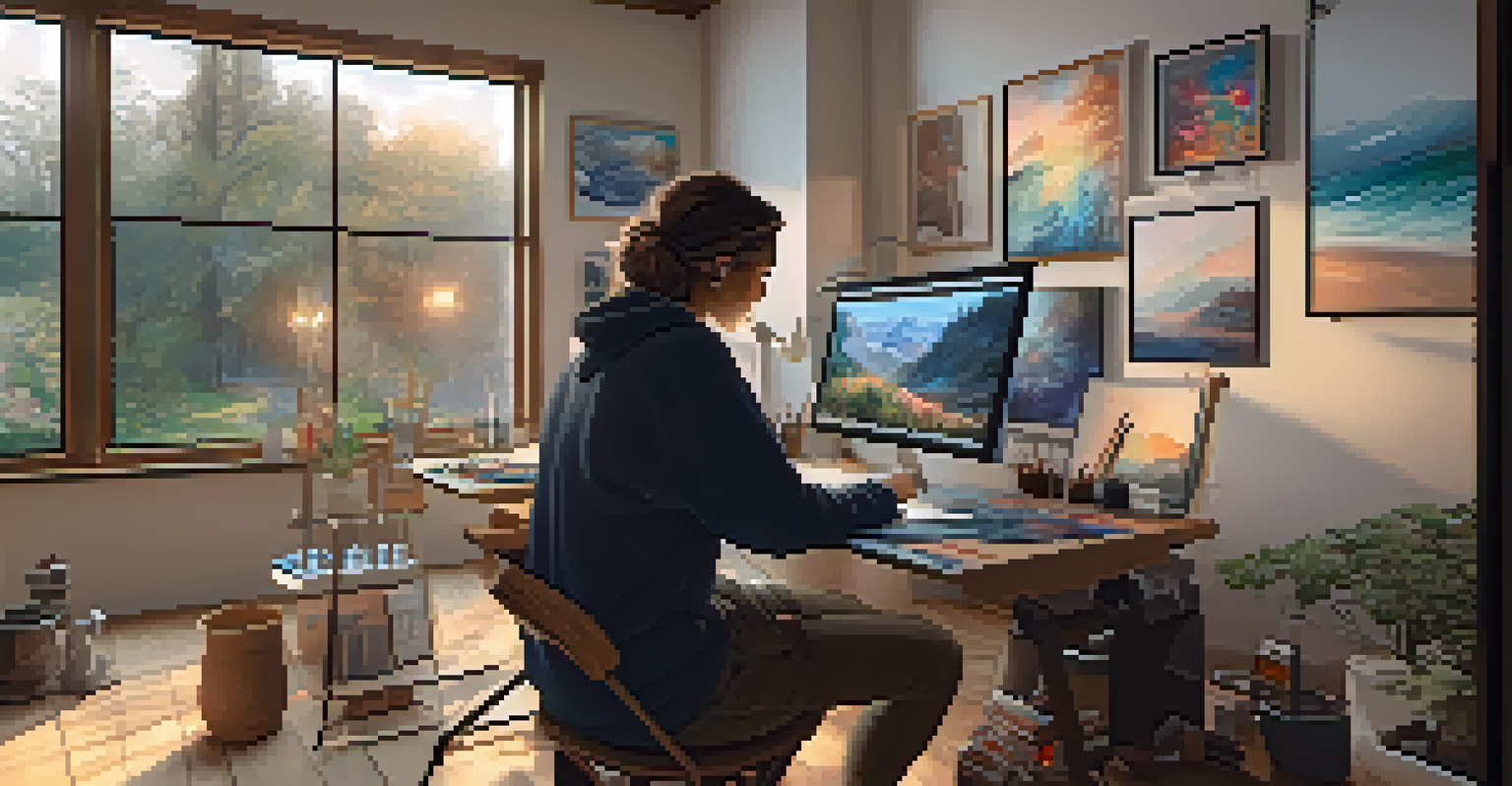 An artist in a home studio minting an NFT, surrounded by digital artwork and art supplies.
